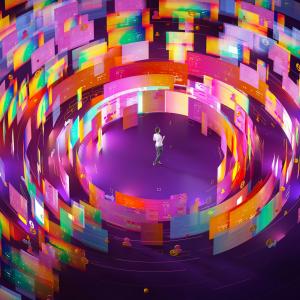 A person inside swirl of images