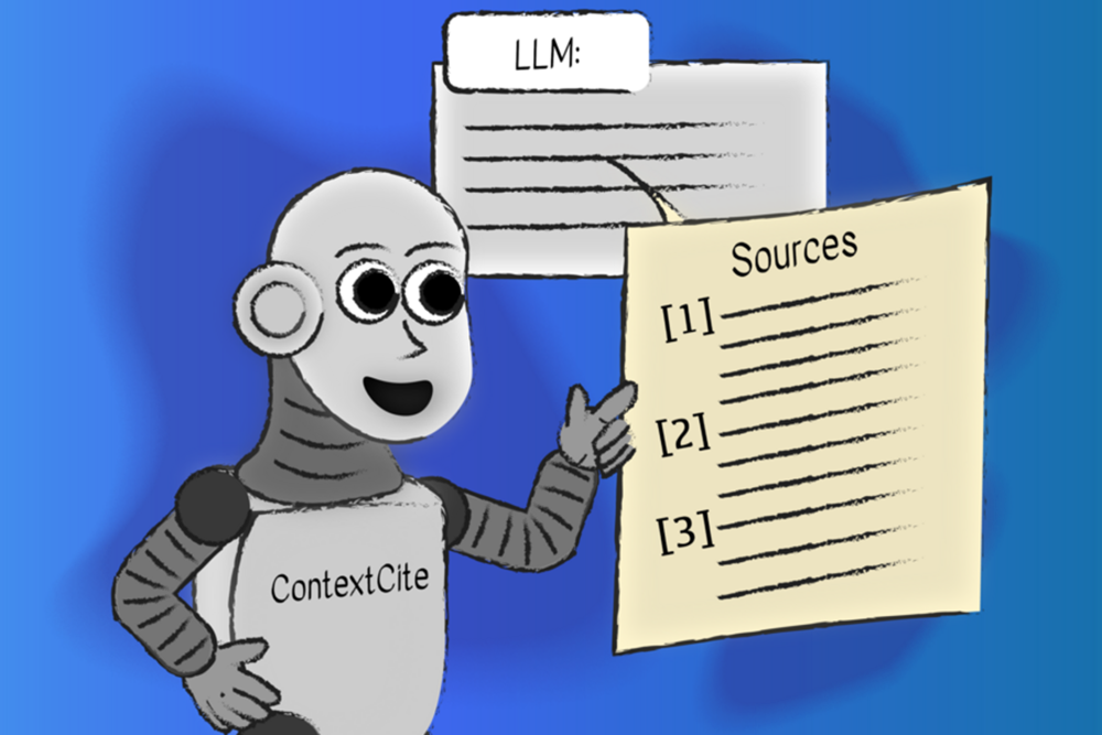 A smiling cartoon robot labeled "ContextCite” points to a list of sources for a large language model